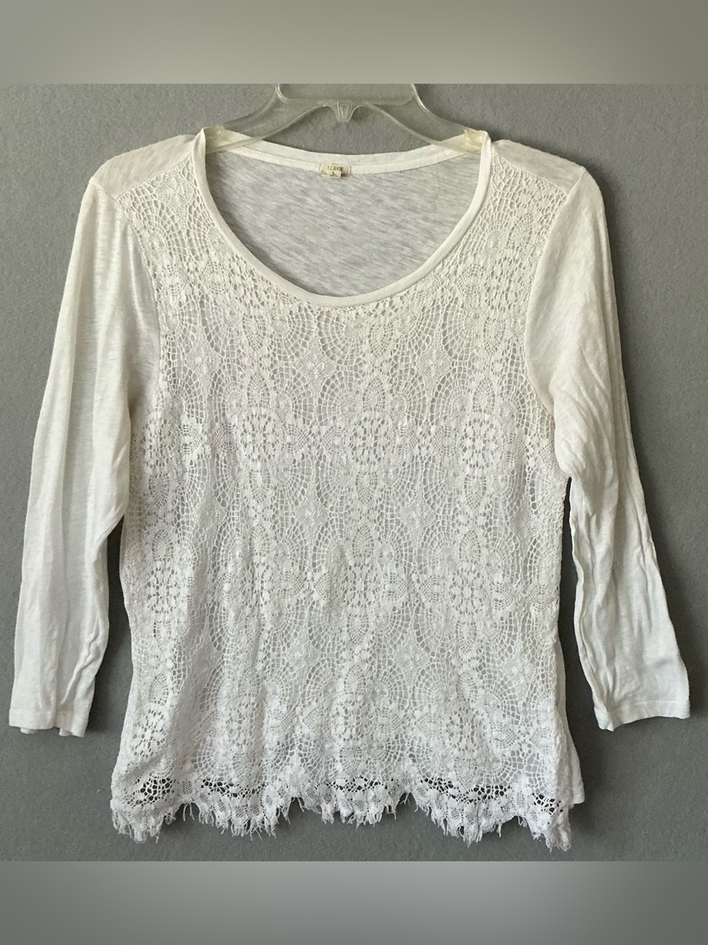 J CREW White Crochet Lace Front Fringe Hem Top Scoop Neck Long Sleeve L Boho